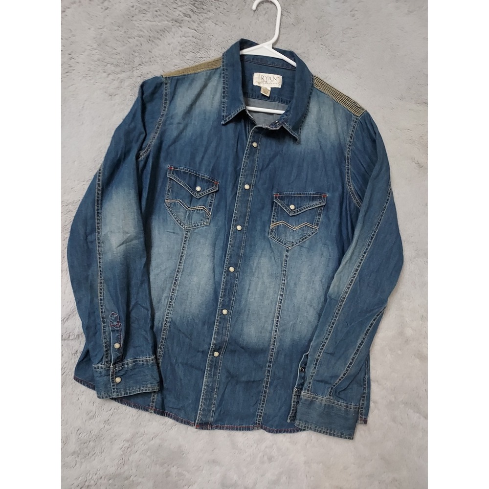 Ryan Michael Shirt Womens XL Silk Cotton Blend Western Denim Blue Pearl Snap